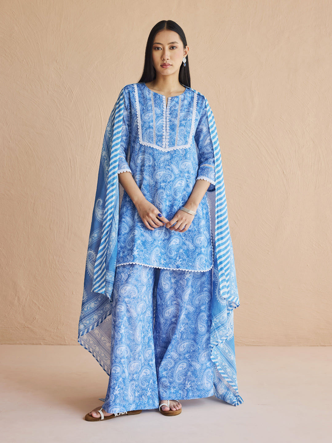 FIORRA Women's Blue Paisley Printed Cotton Kurta Set with Dupatta
